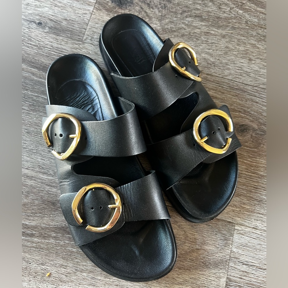Zara | Black Slide Sandals with Gold Buckles | 39